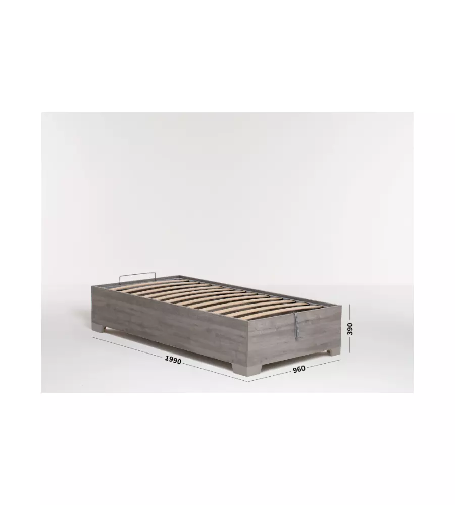 Letto singolo 'bed box' rovere grigio con rete, contenitore e piedini 90x190 cm